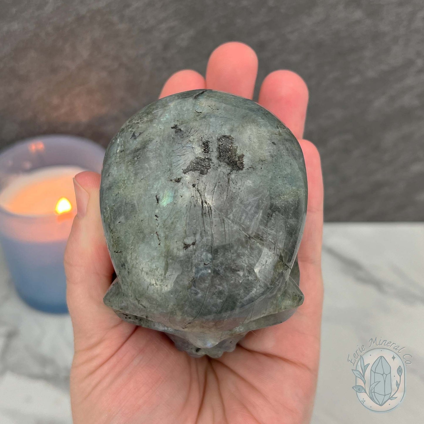 Blue Flash Labradorite Human Skull Carving
