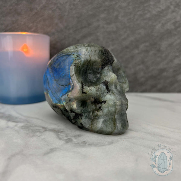 Blue Flash Labradorite Human Skull Carving