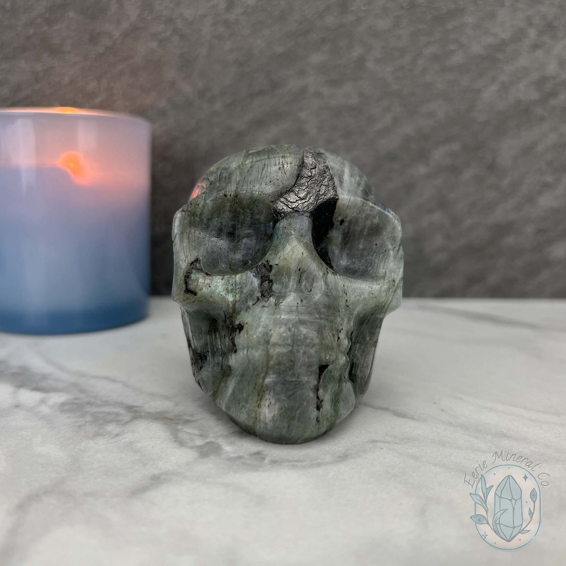 Blue Flash Labradorite Human Skull Carving