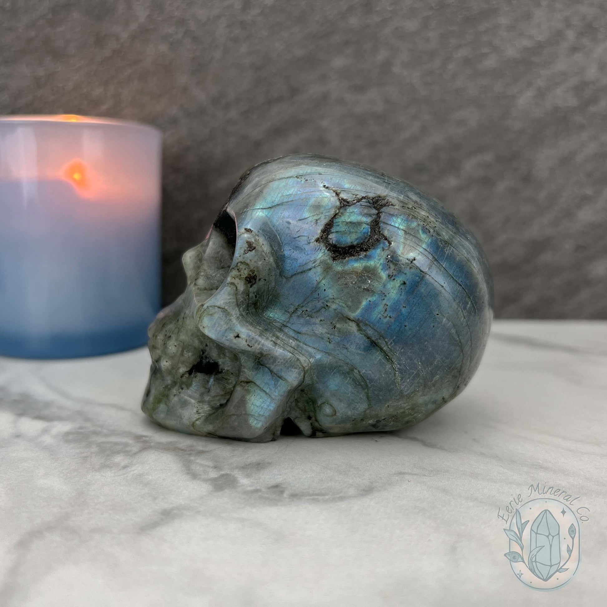 Blue Flash Labradorite Human Skull Carving