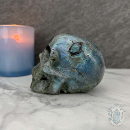 Blue Flash Labradorite Human Skull Carving