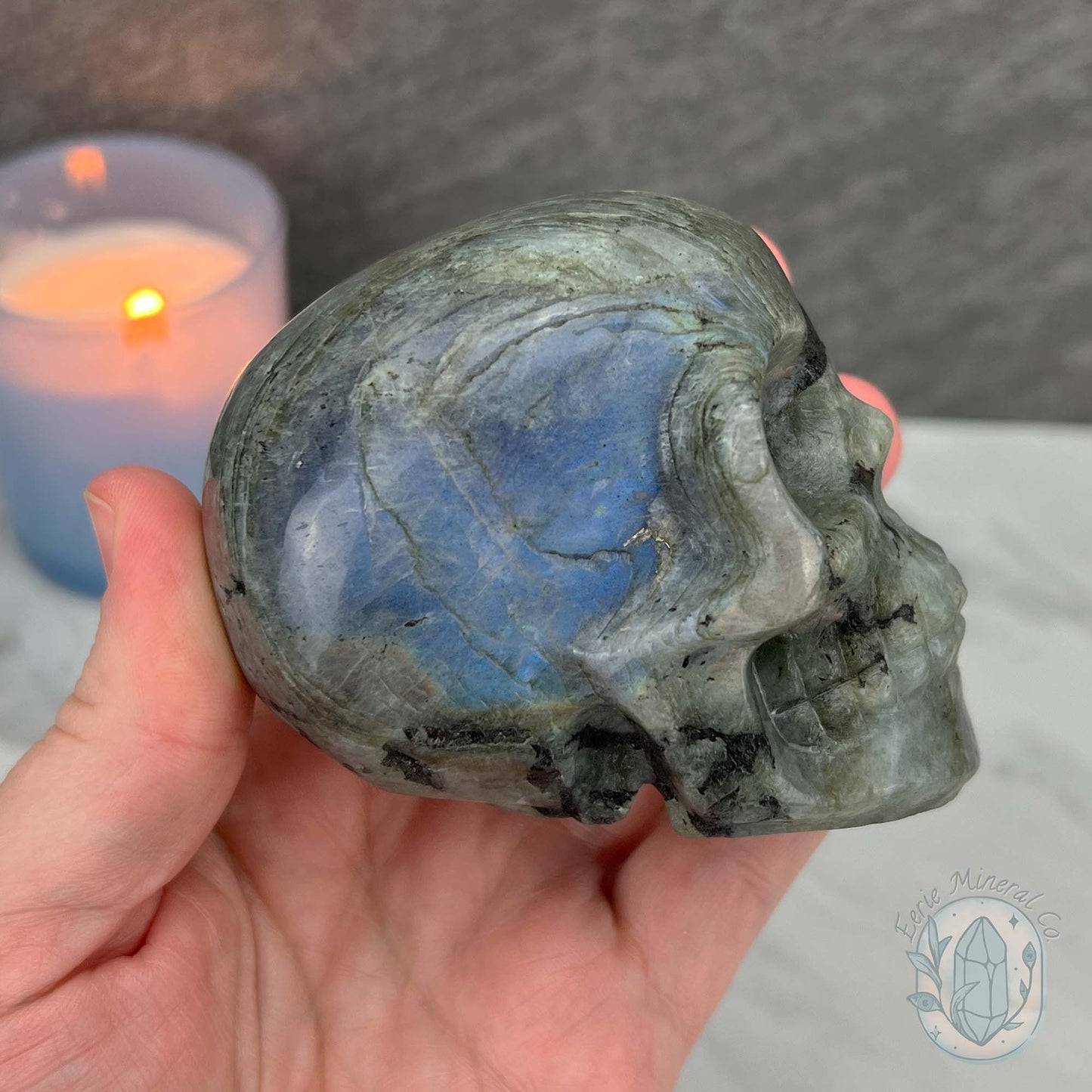 Blue Flash Labradorite Human Skull Carving