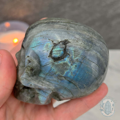 Blue Flash Labradorite Human Skull Carving