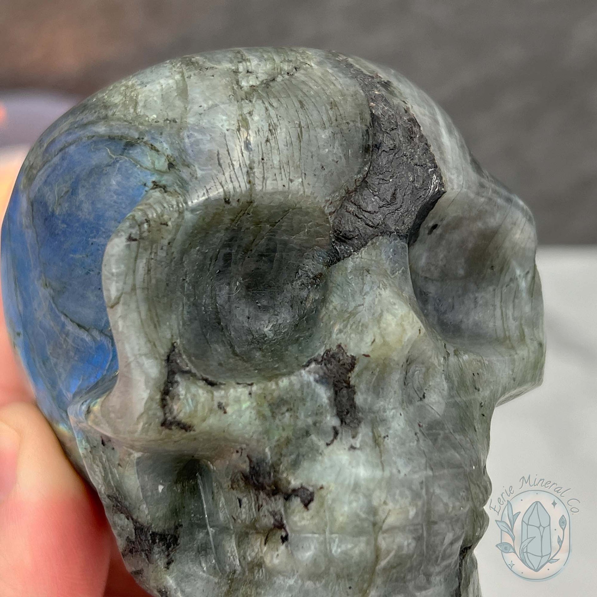 Blue Flash Labradorite Human Skull Carving