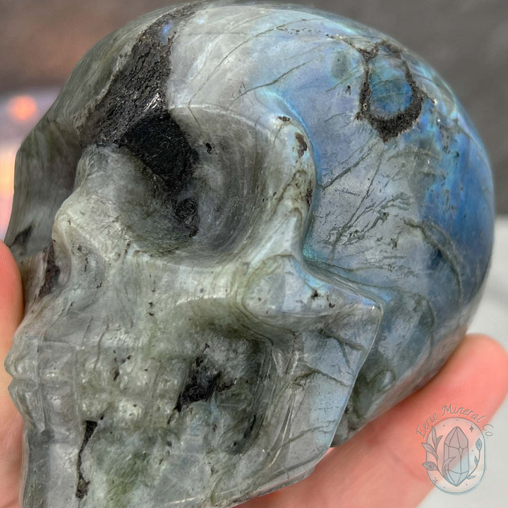 Blue Flash Labradorite Human Skull Carving