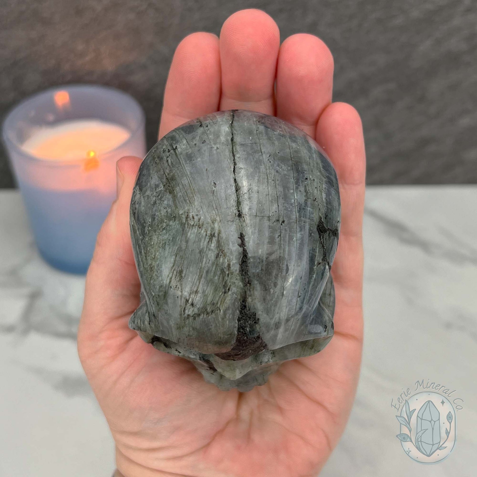 Blue Flash Labradorite Human Skull Carving