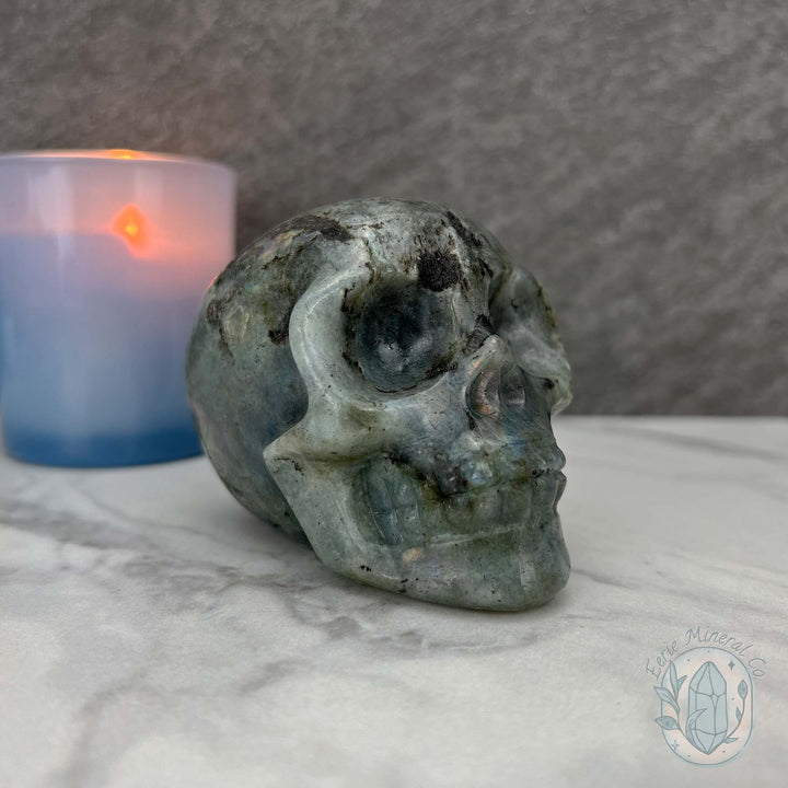 Blue Flash Labradorite Human Skull Carving