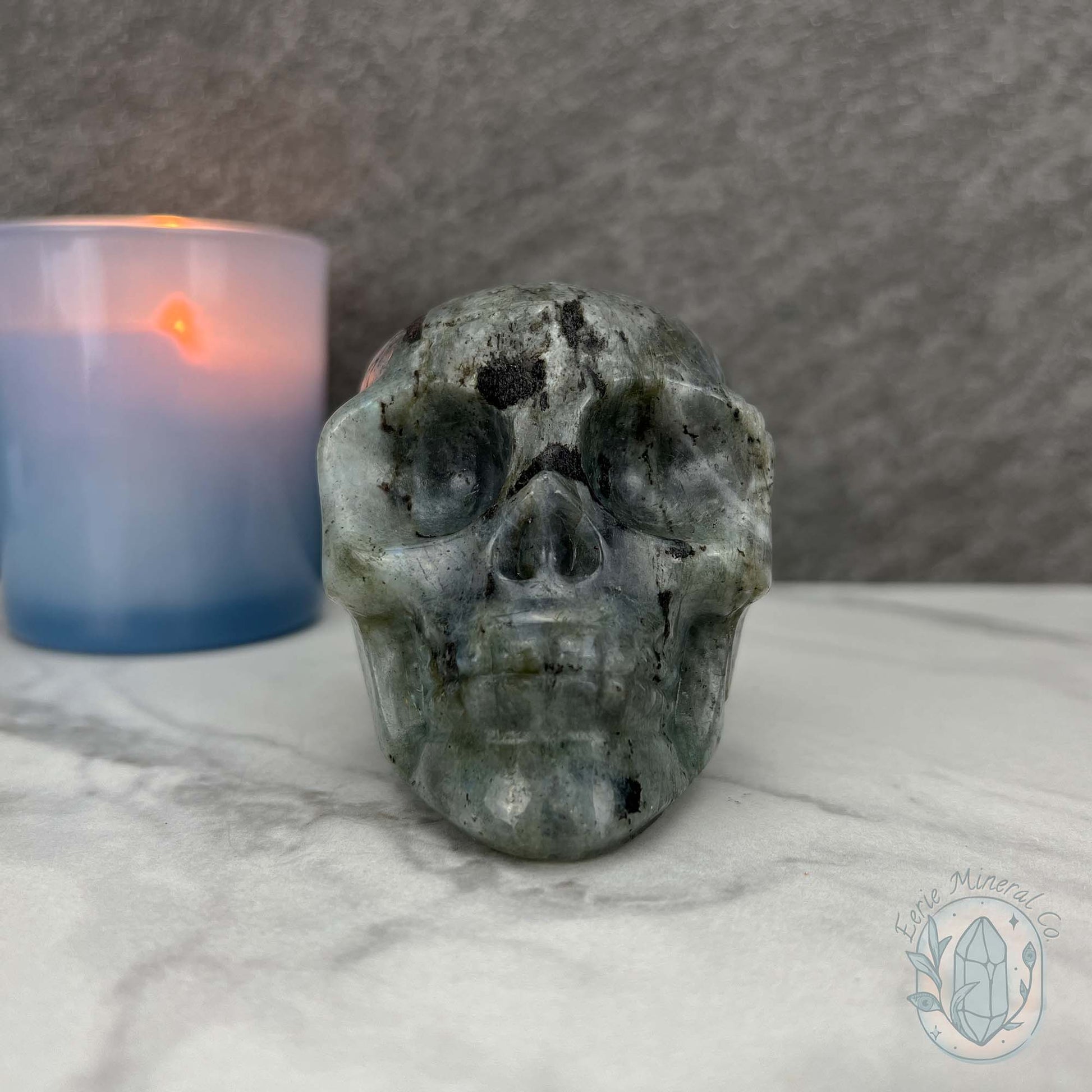 Blue Flash Labradorite Human Skull Carving