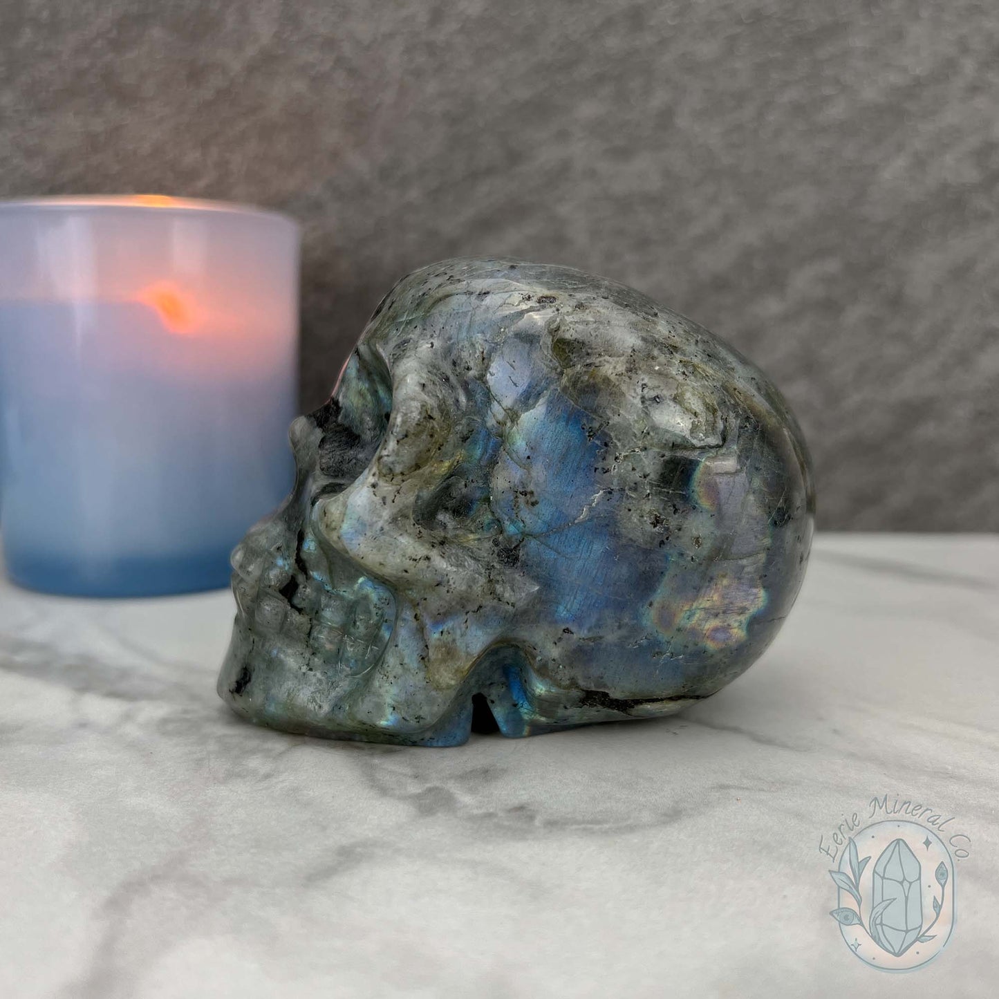 Blue Flash Labradorite Human Skull Carving