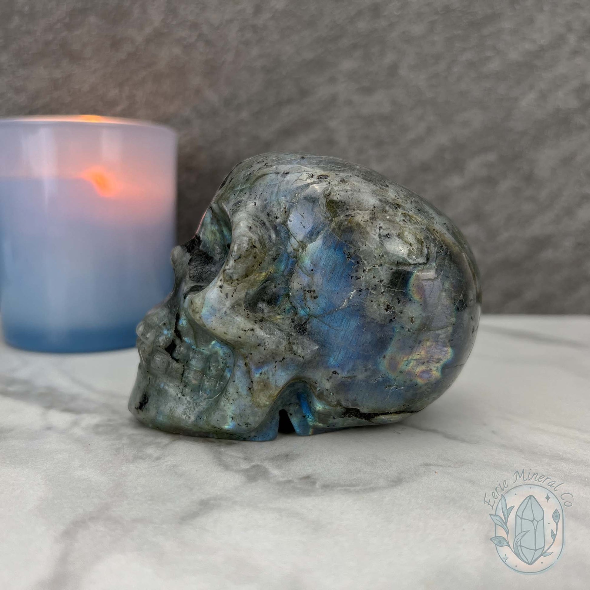 Blue Flash Labradorite Human Skull Carving