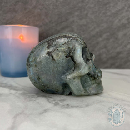 Blue Flash Labradorite Human Skull Carving