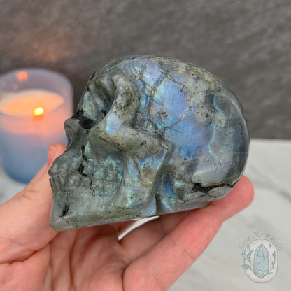 Blue Flash Labradorite Human Skull Carving