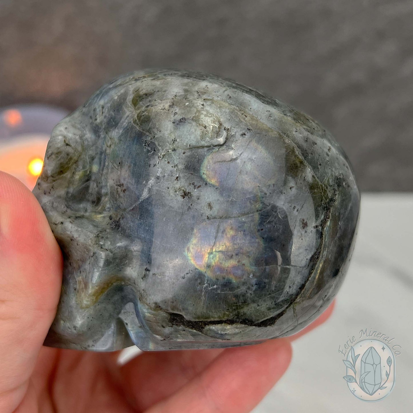 Blue Flash Labradorite Human Skull Carving