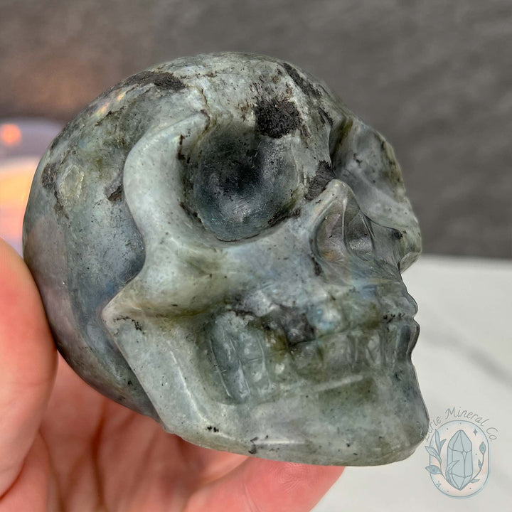 Blue Flash Labradorite Human Skull Carving