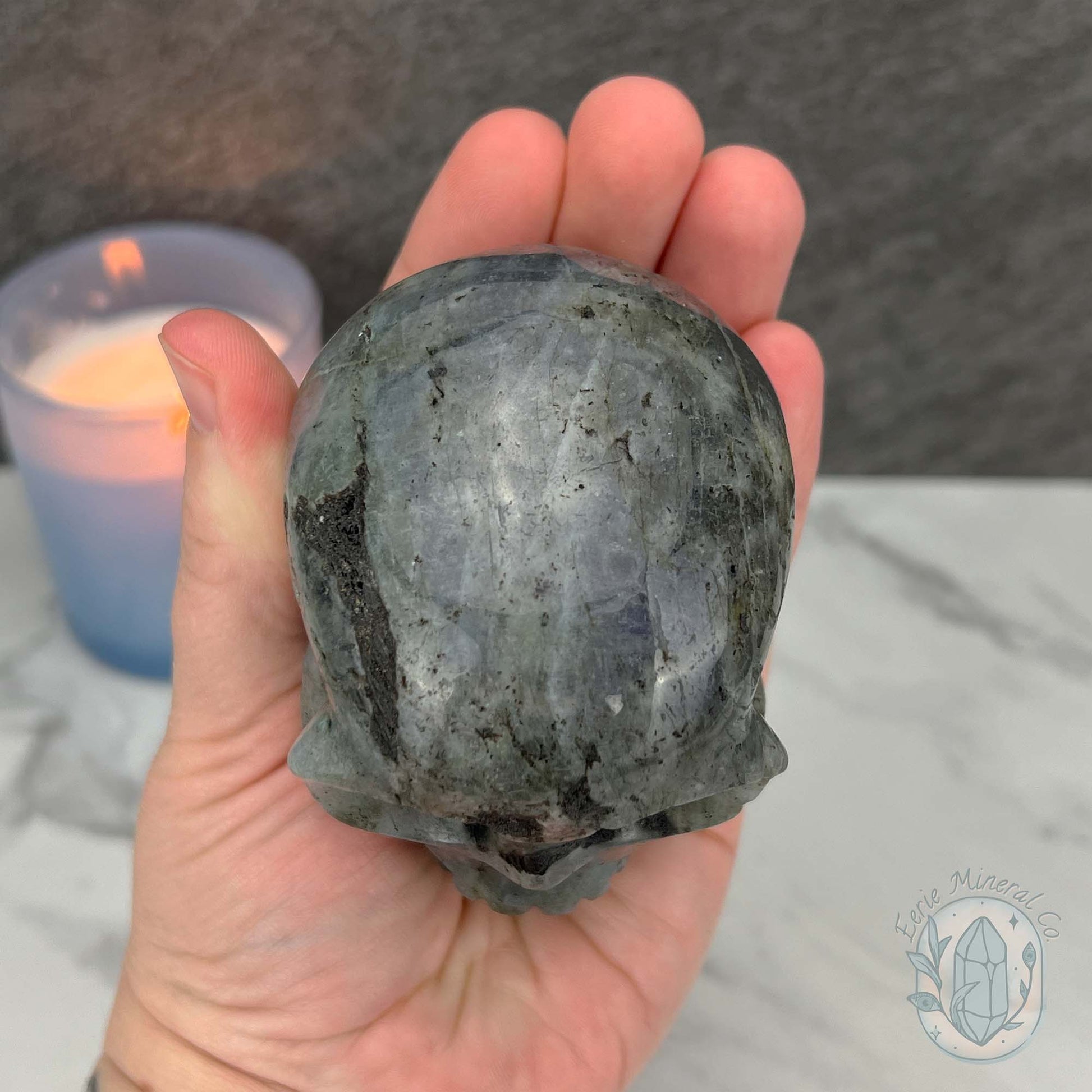 Blue Flash Labradorite Human Skull Carving