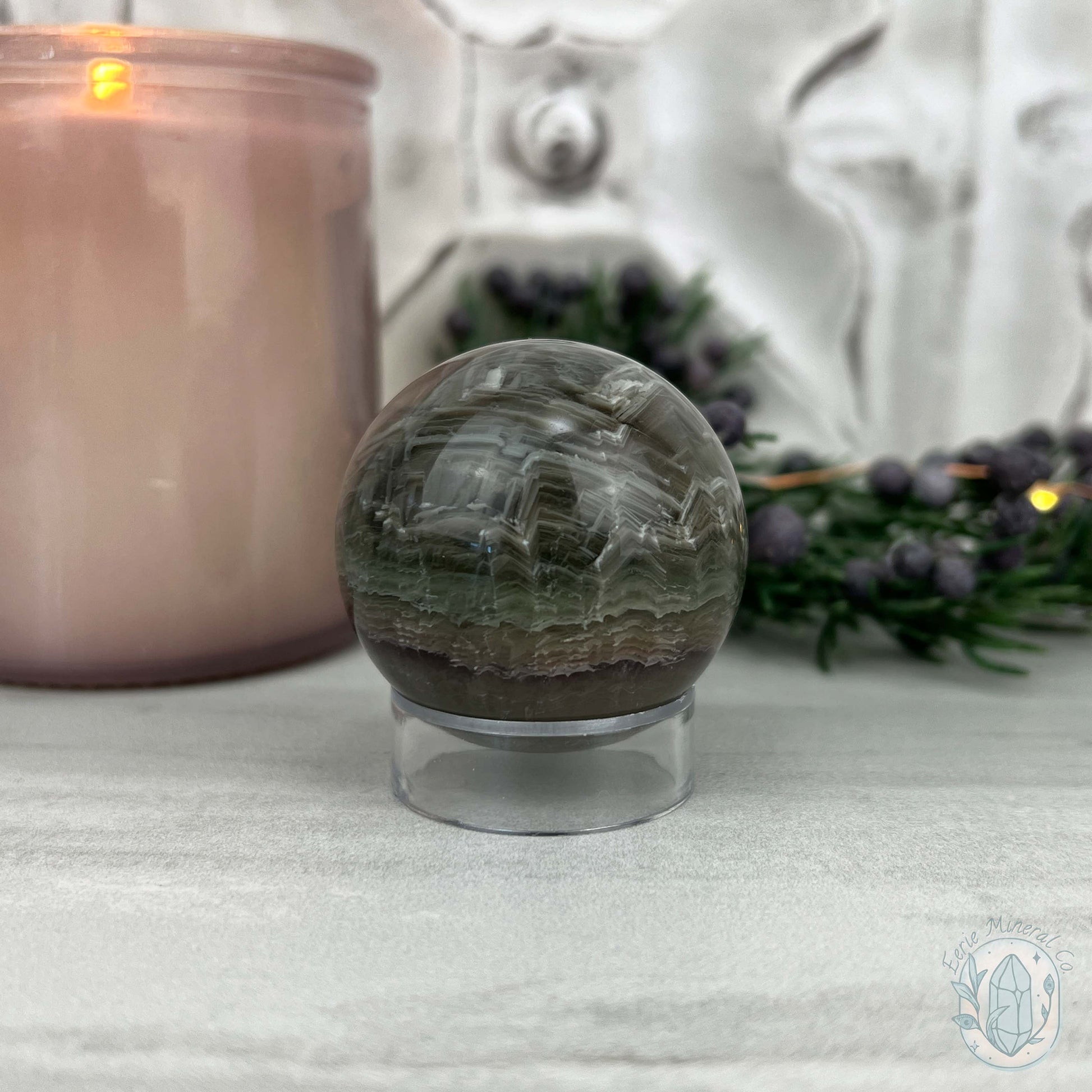 42mm Polished Green and Purple Fluorite Layered Sphere