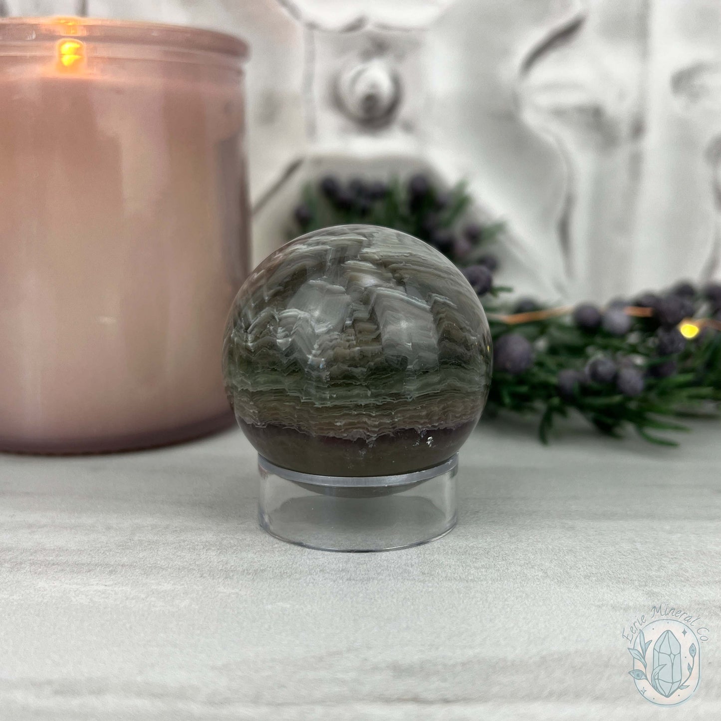 42mm Polished Green and Purple Fluorite Layered Sphere