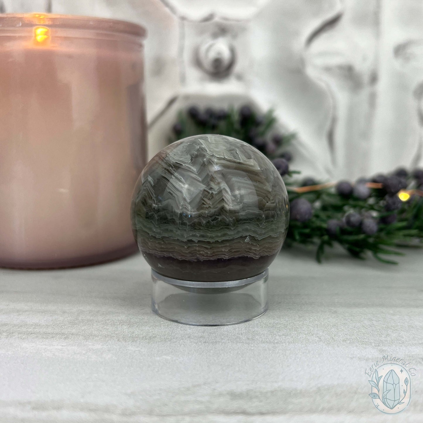 42mm Polished Green and Purple Fluorite Layered Sphere