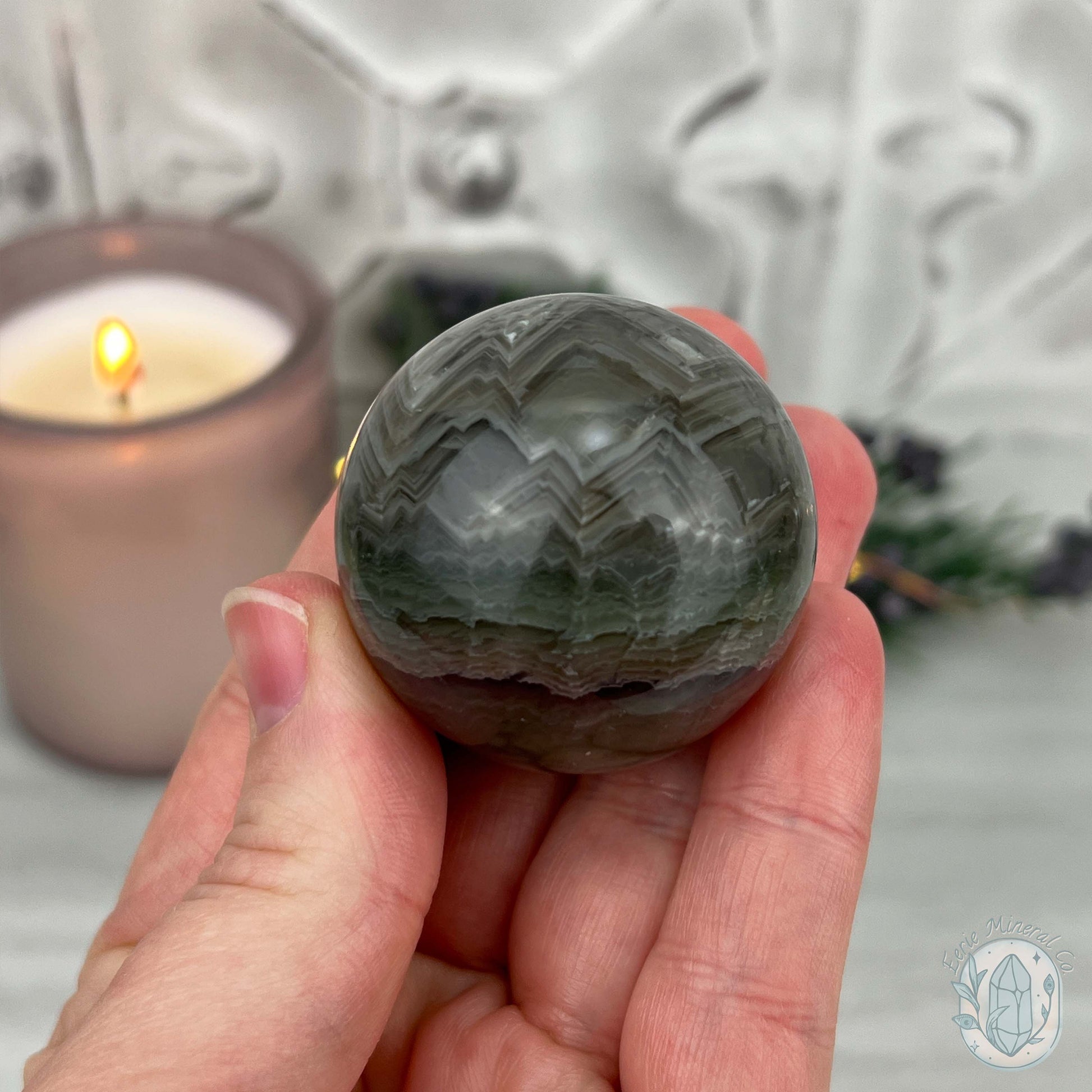 42mm Polished Green and Purple Fluorite Layered Sphere
