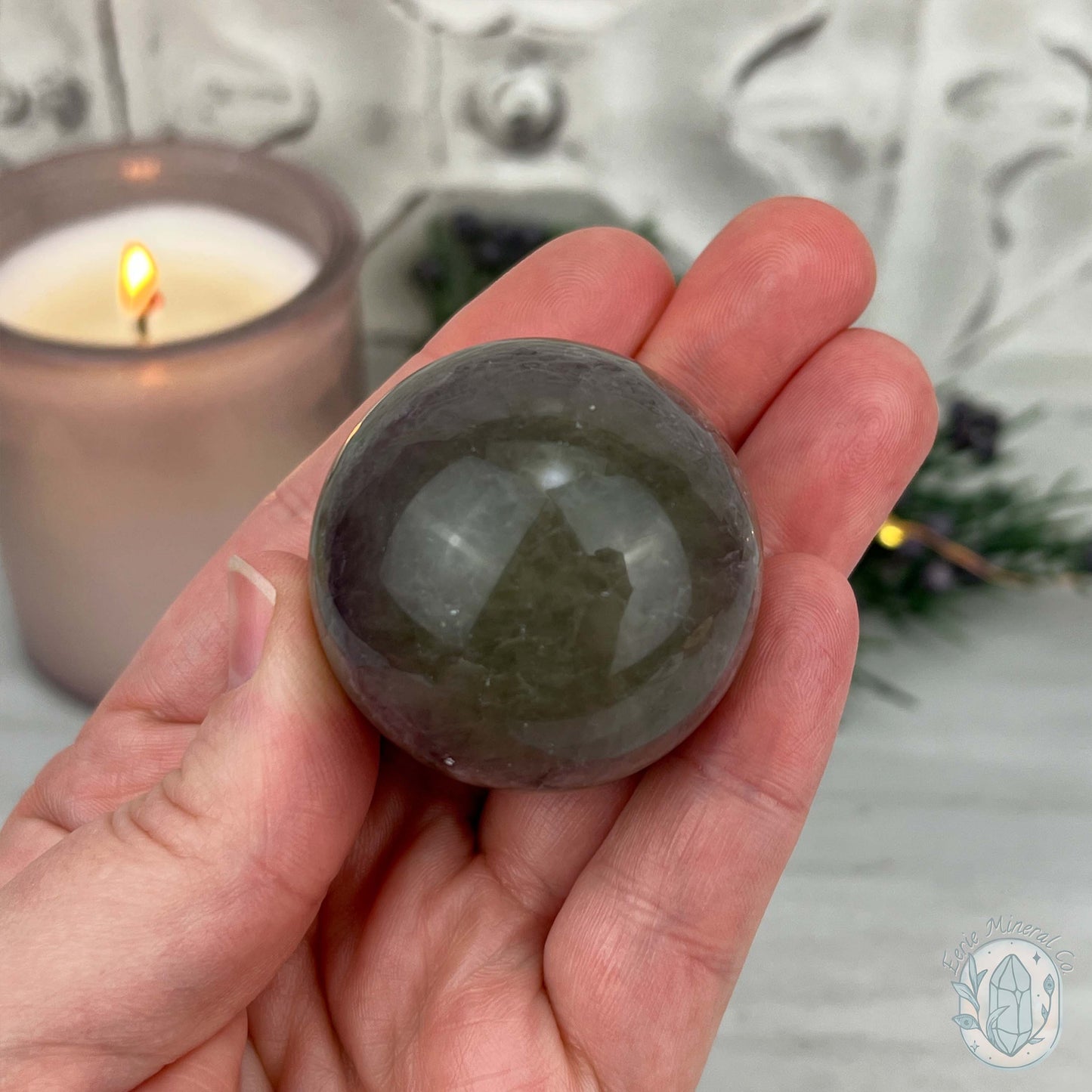 42mm Polished Green and Purple Fluorite Layered Sphere