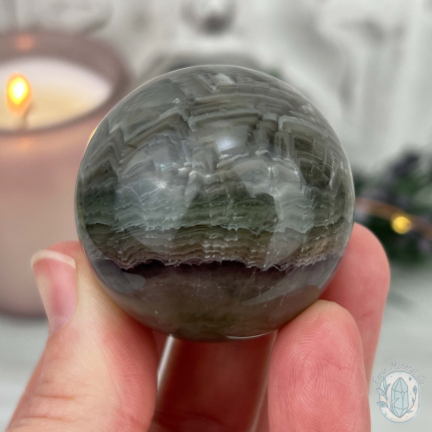 42mm Polished Green and Purple Fluorite Layered Sphere