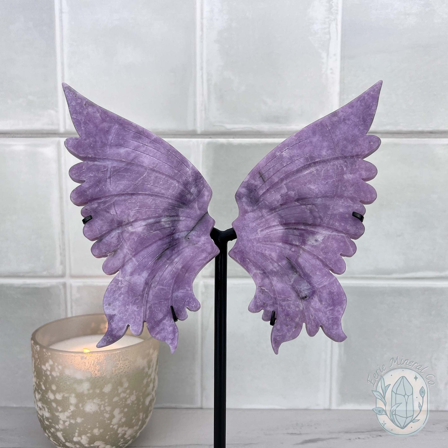 Polished Natural Lepidolite Butterfly Wings on Stand