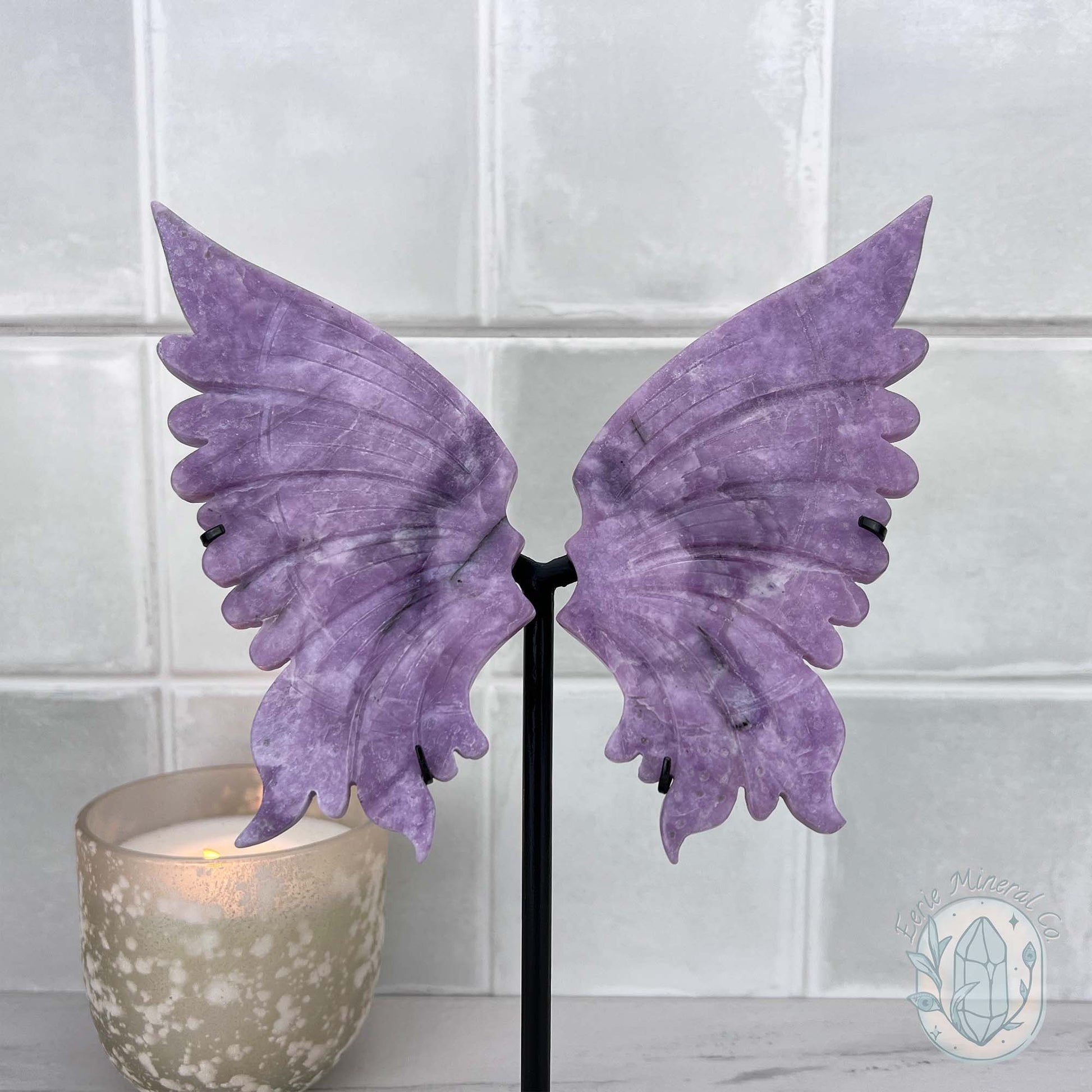 Polished Natural Lepidolite Butterfly Wings on Stand