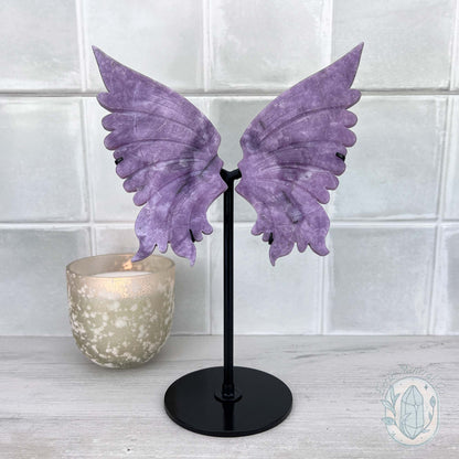 Polished Natural Lepidolite Butterfly Wings on Stand