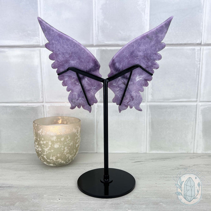 Polished Natural Lepidolite Butterfly Wings on Stand