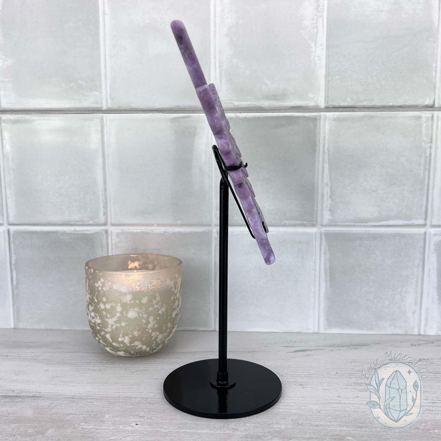 Polished Natural Lepidolite Butterfly Wings on Stand