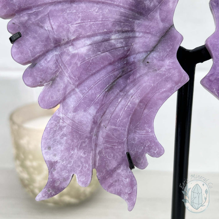 Polished Natural Lepidolite Butterfly Wings on Stand