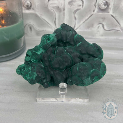 Silky Velvet Fibrous Malachite Specimen with Display Stand