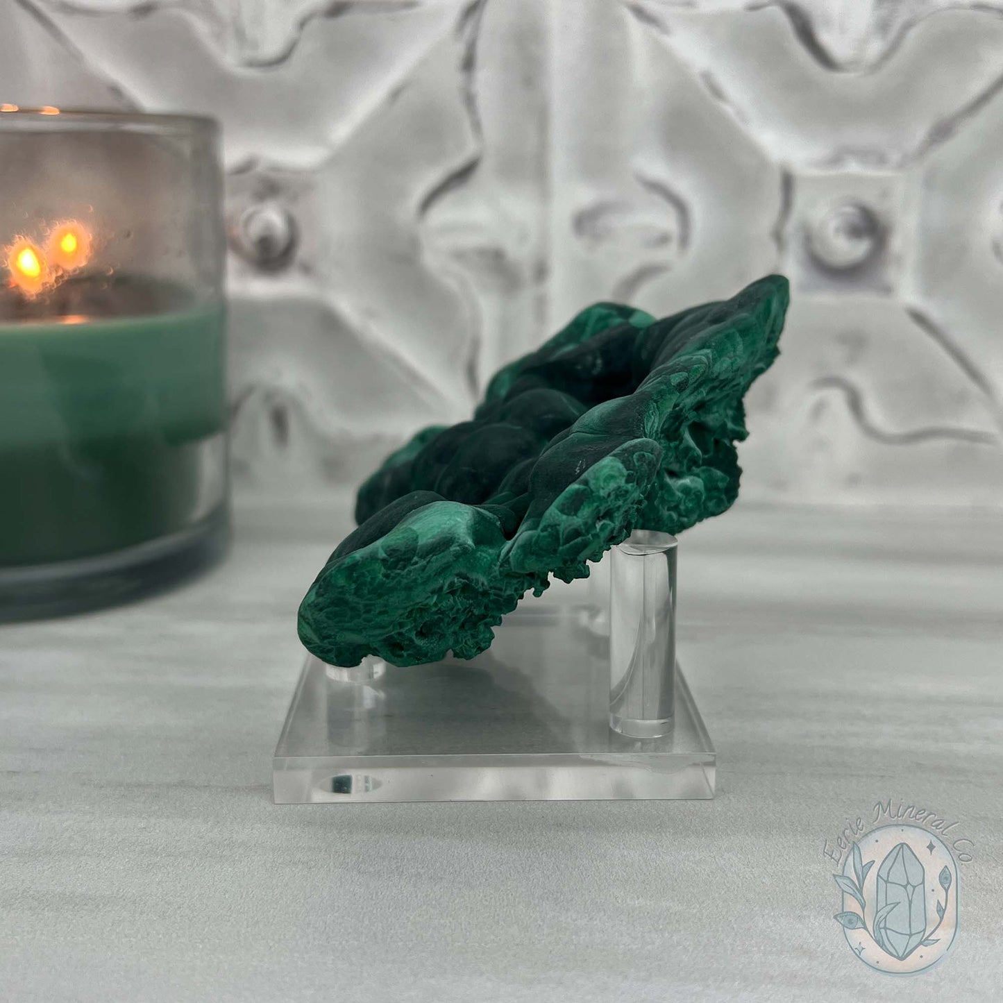 Silky Velvet Fibrous Malachite Specimen with Display Stand
