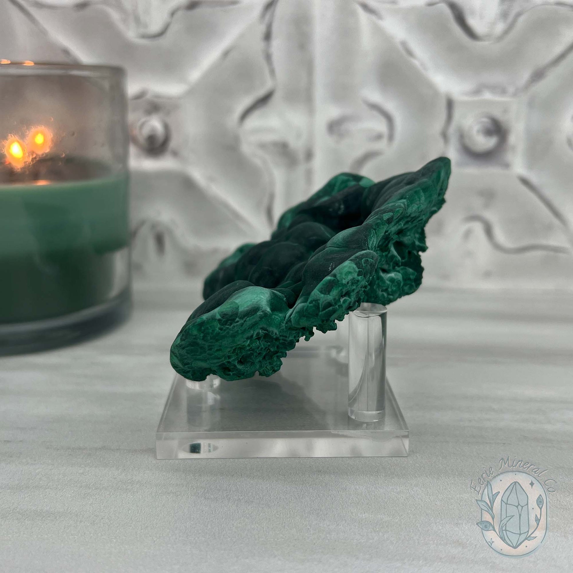 Silky Velvet Fibrous Malachite Specimen with Display Stand