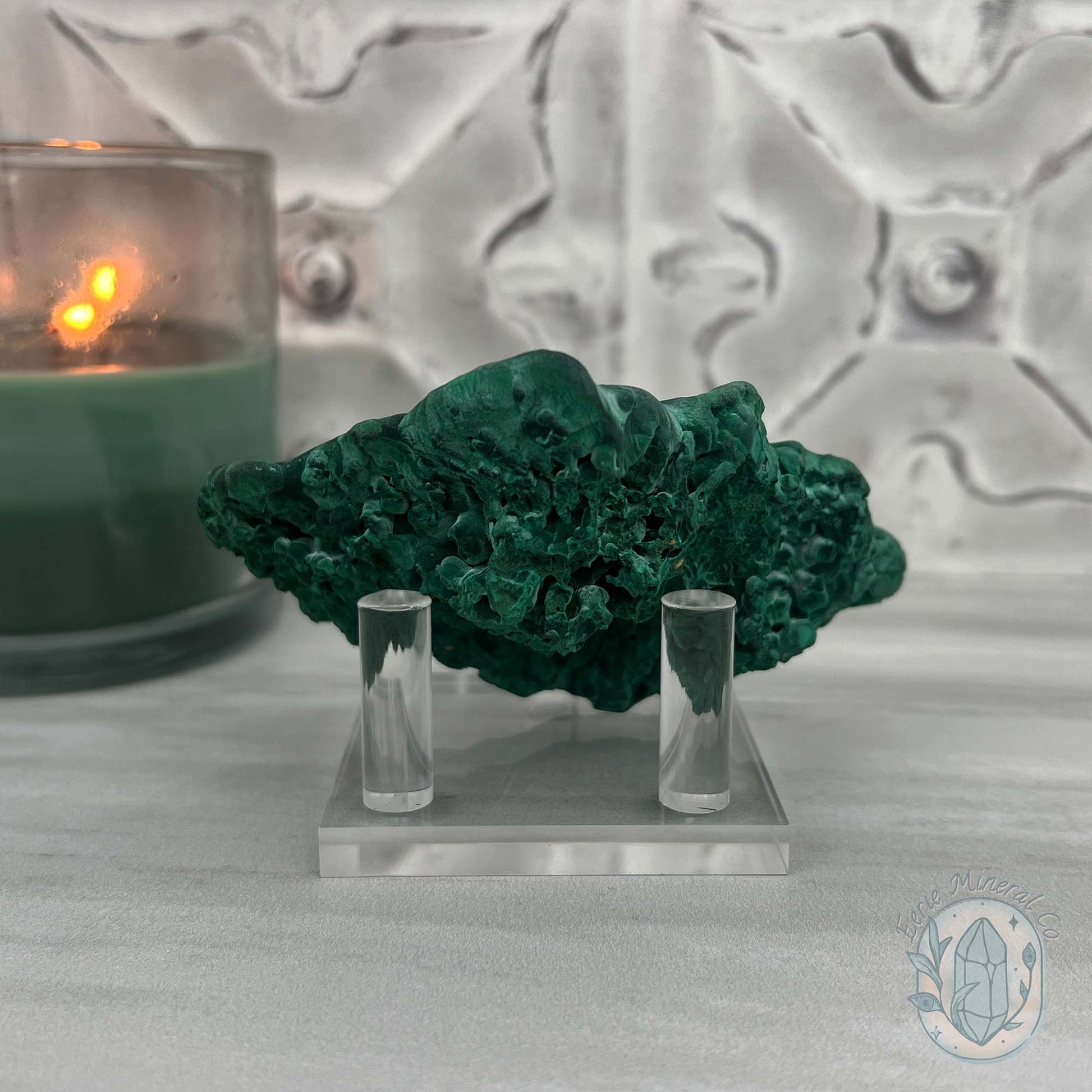 Silky Velvet Fibrous Malachite Specimen with Display Stand