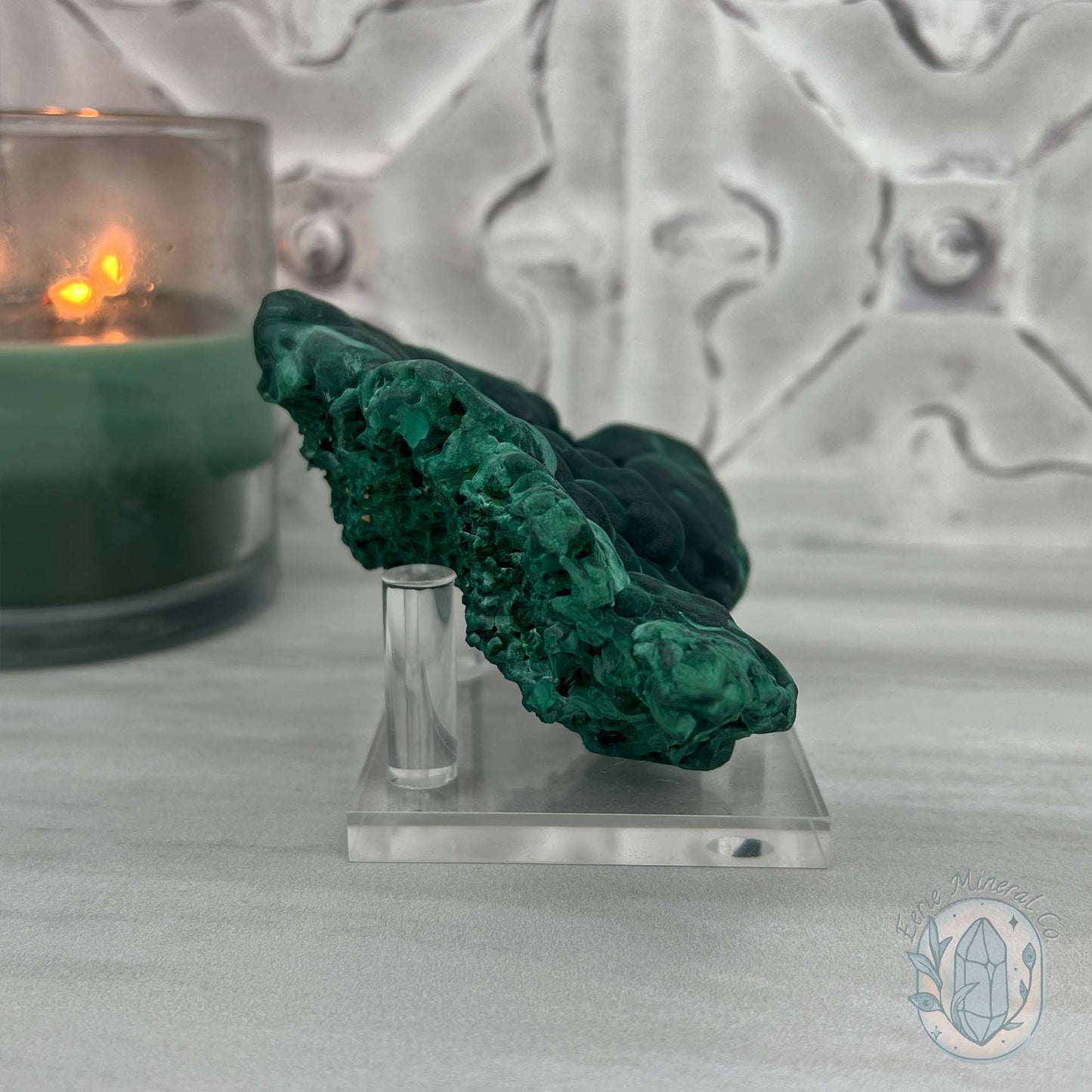 Silky Velvet Fibrous Malachite Specimen with Display Stand