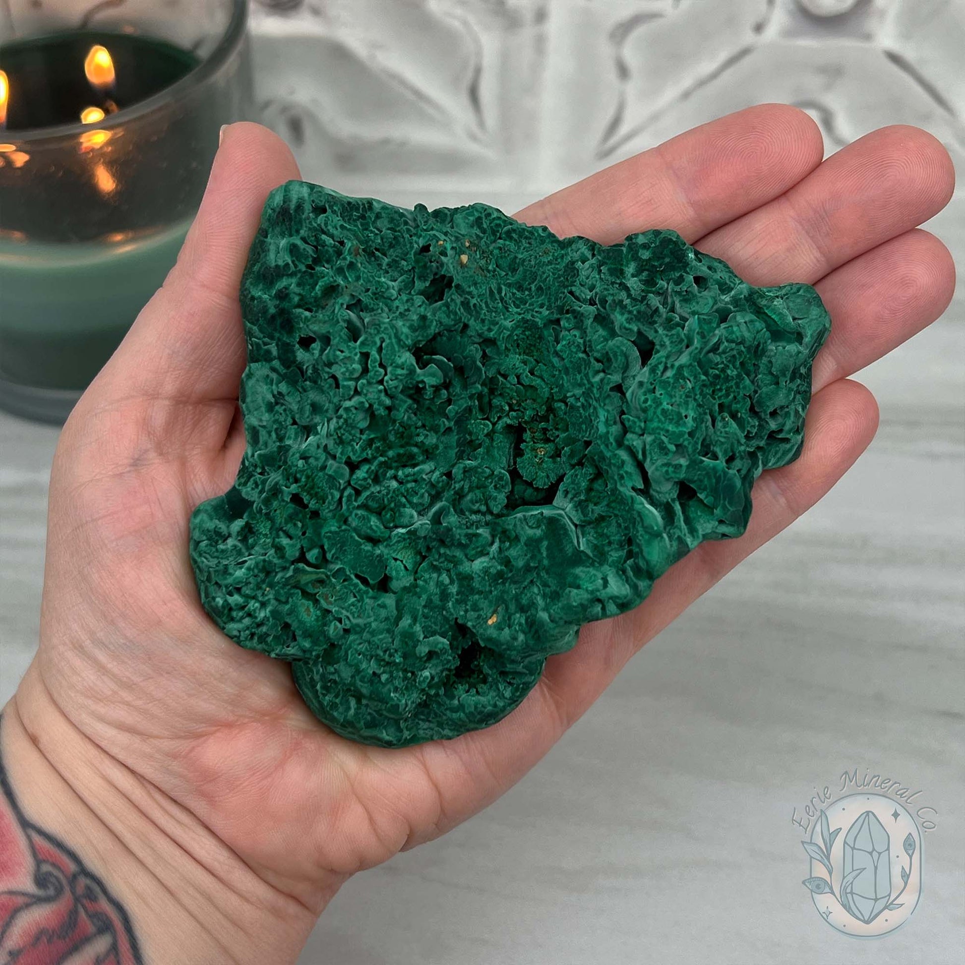 Silky Velvet Fibrous Malachite Specimen with Display Stand
