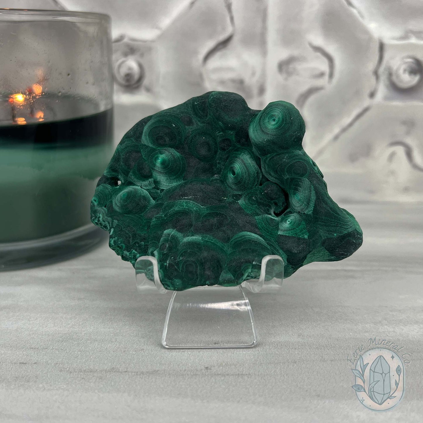 Silky Velvet Fibrous Malachite Specimen with Display Stand