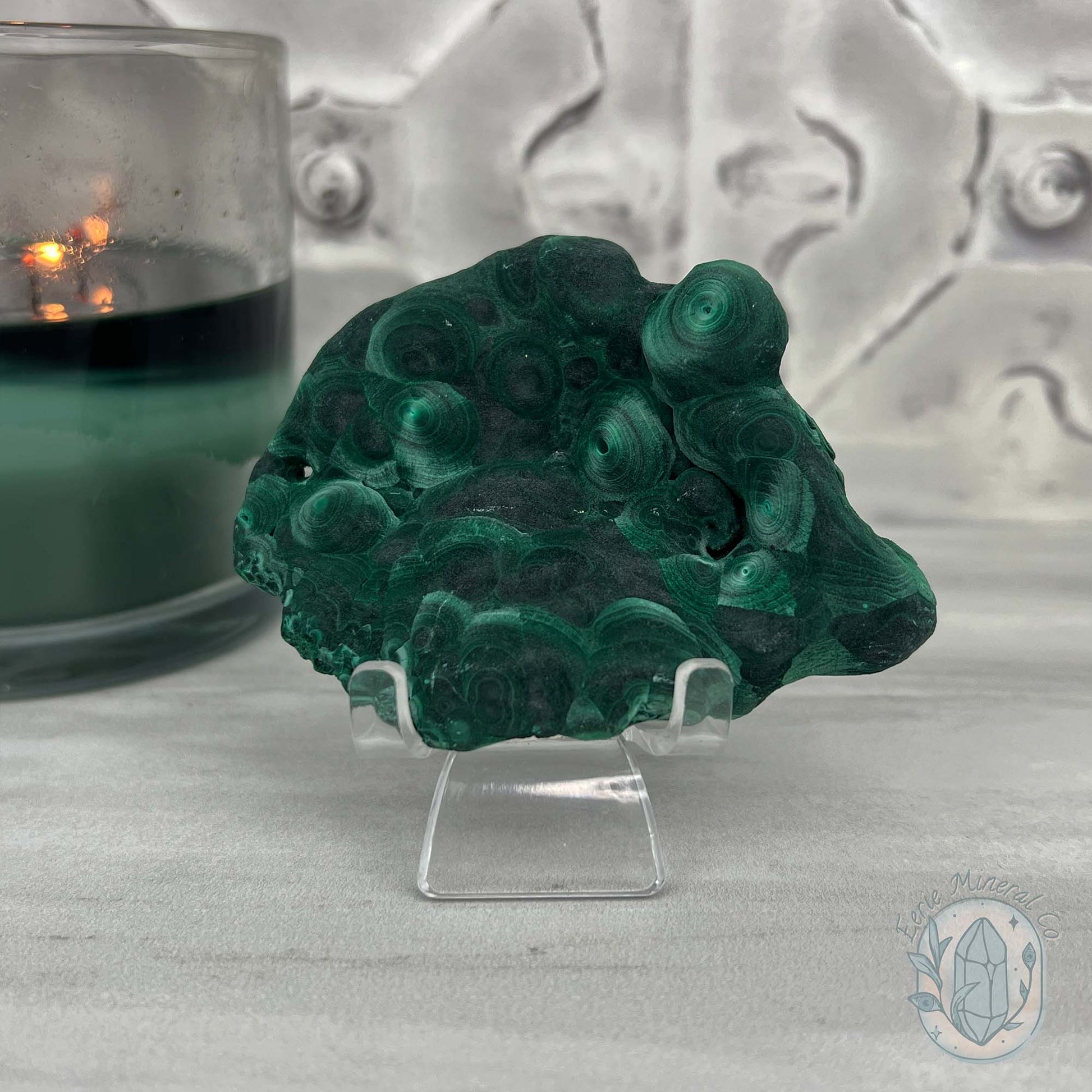 Silky Velvet Fibrous Malachite Specimen with Display Stand