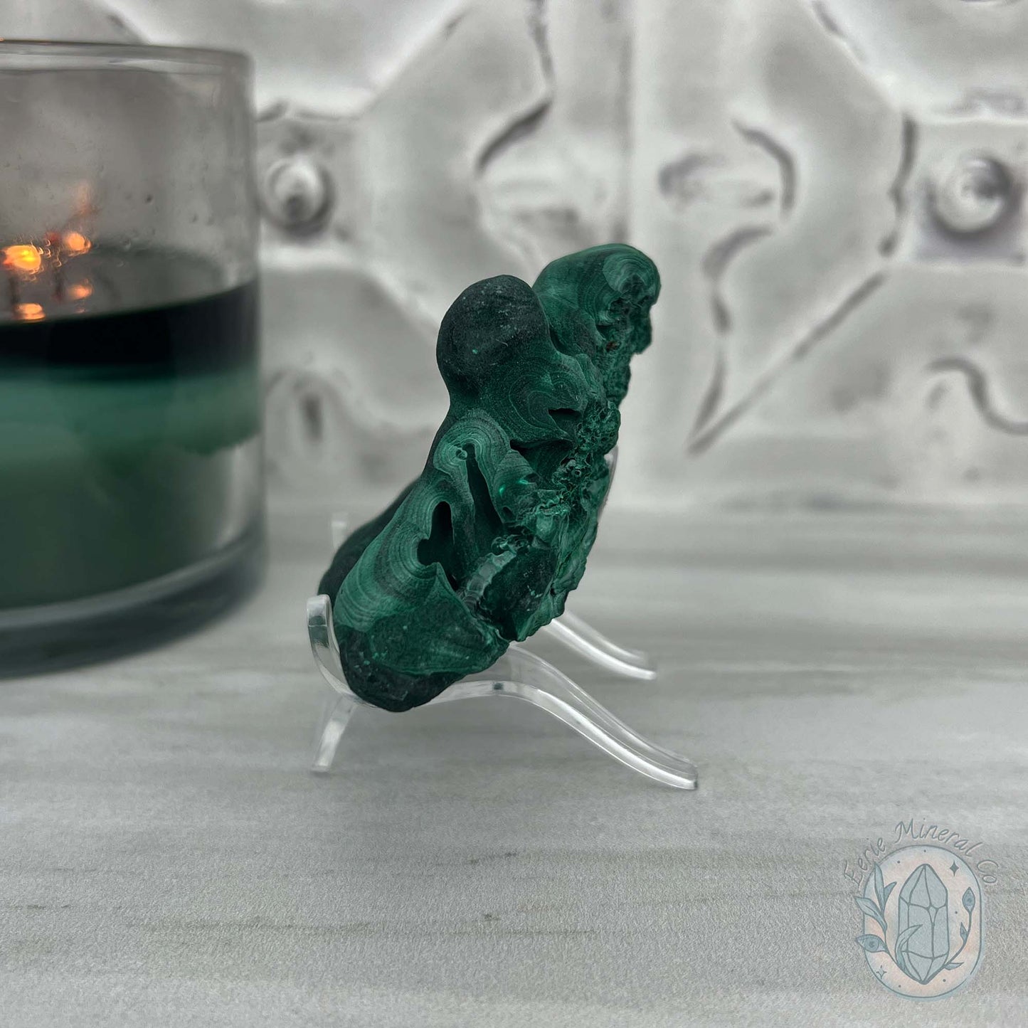 Silky Velvet Fibrous Malachite Specimen with Display Stand
