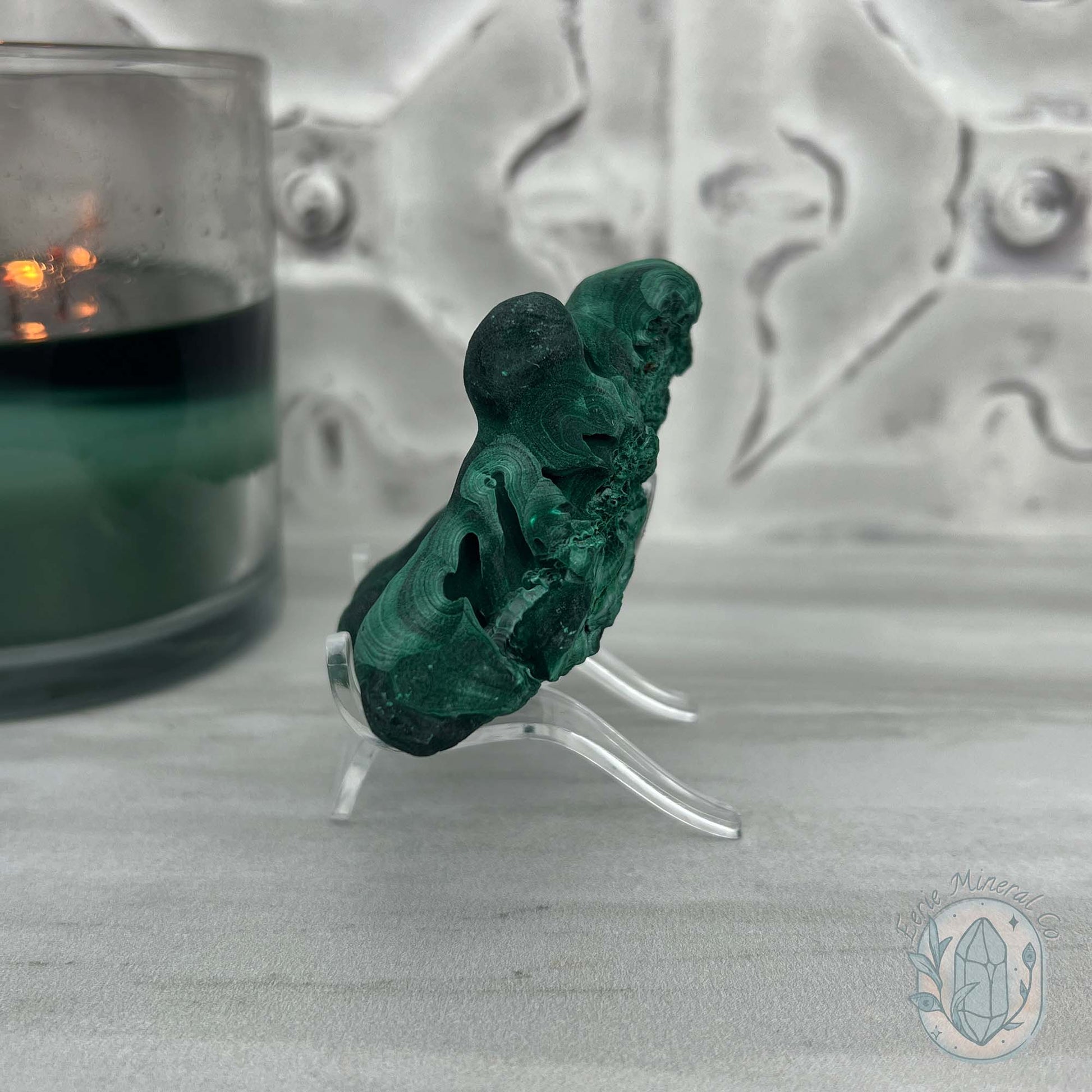 Silky Velvet Fibrous Malachite Specimen with Display Stand