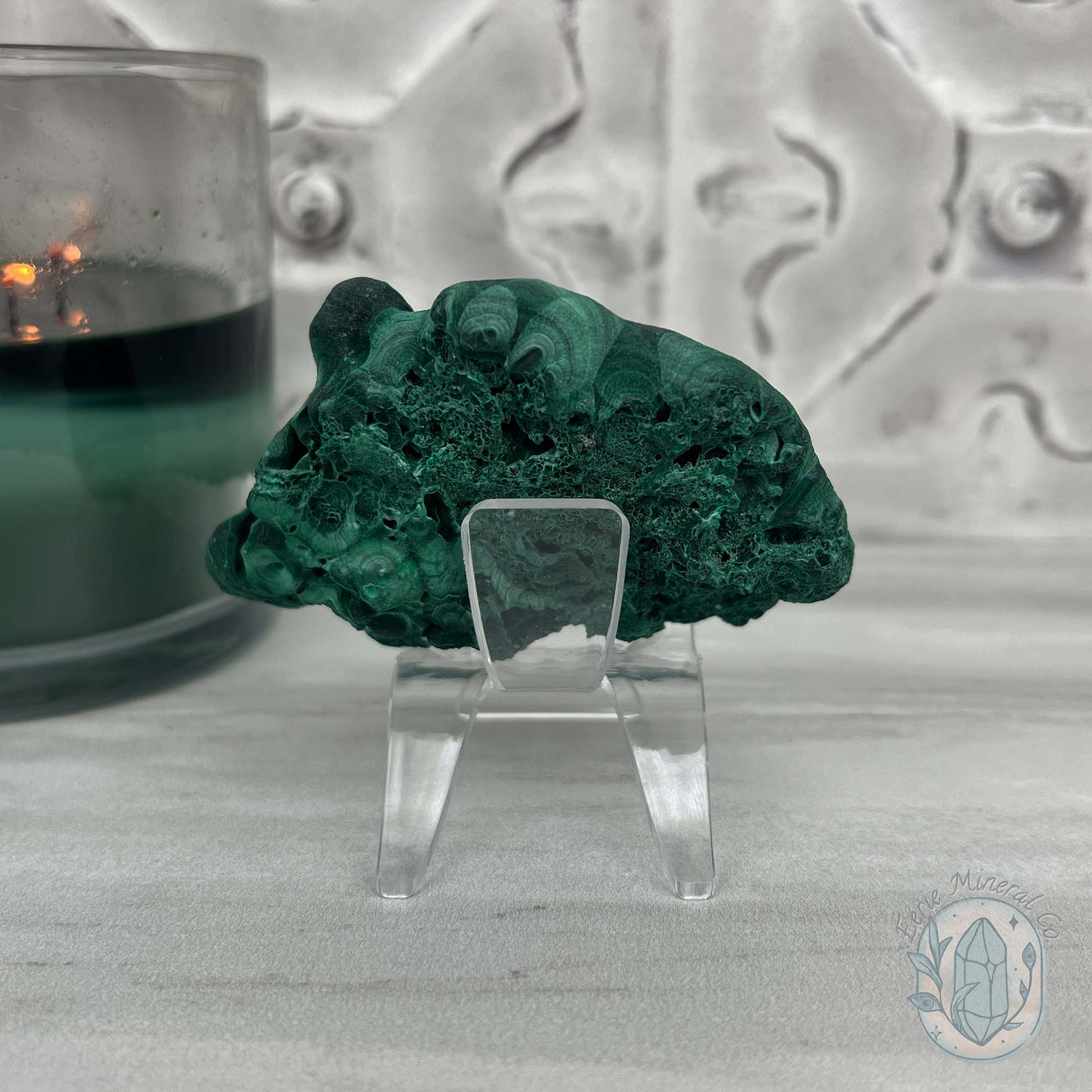 Silky Velvet Fibrous Malachite Specimen with Display Stand