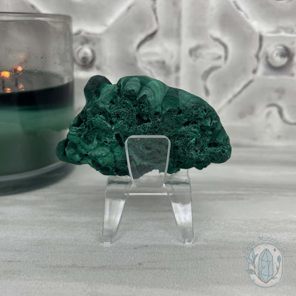 Silky Velvet Fibrous Malachite Specimen with Display Stand