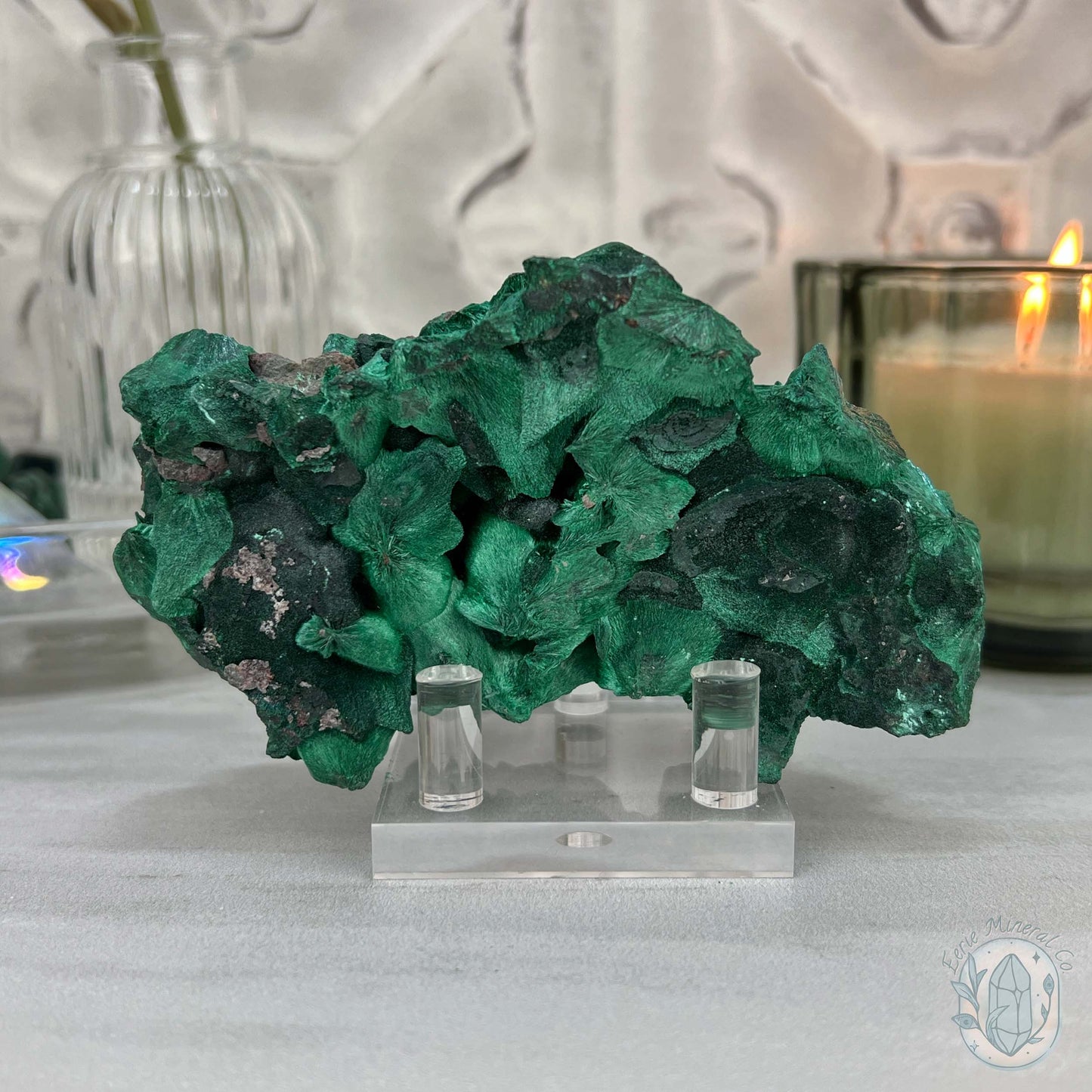 Fibrous Malachite Specimen with Display Stand