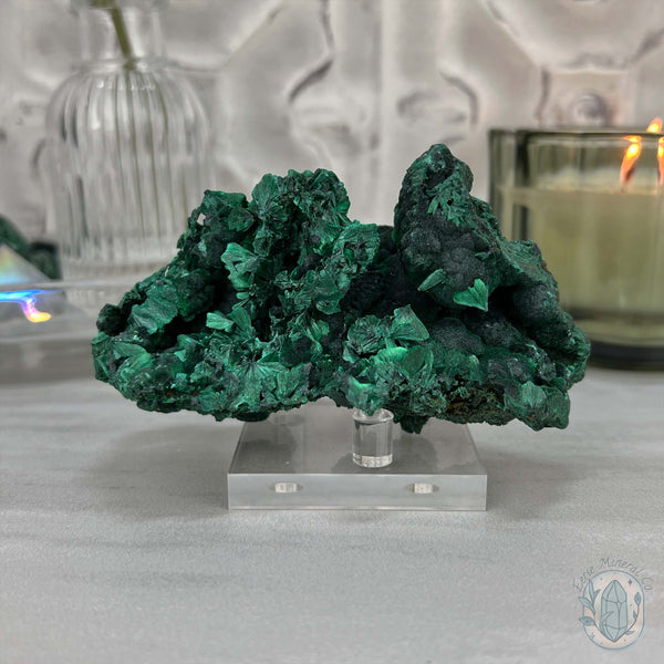 Fibrous Malachite Specimen with Display Stand