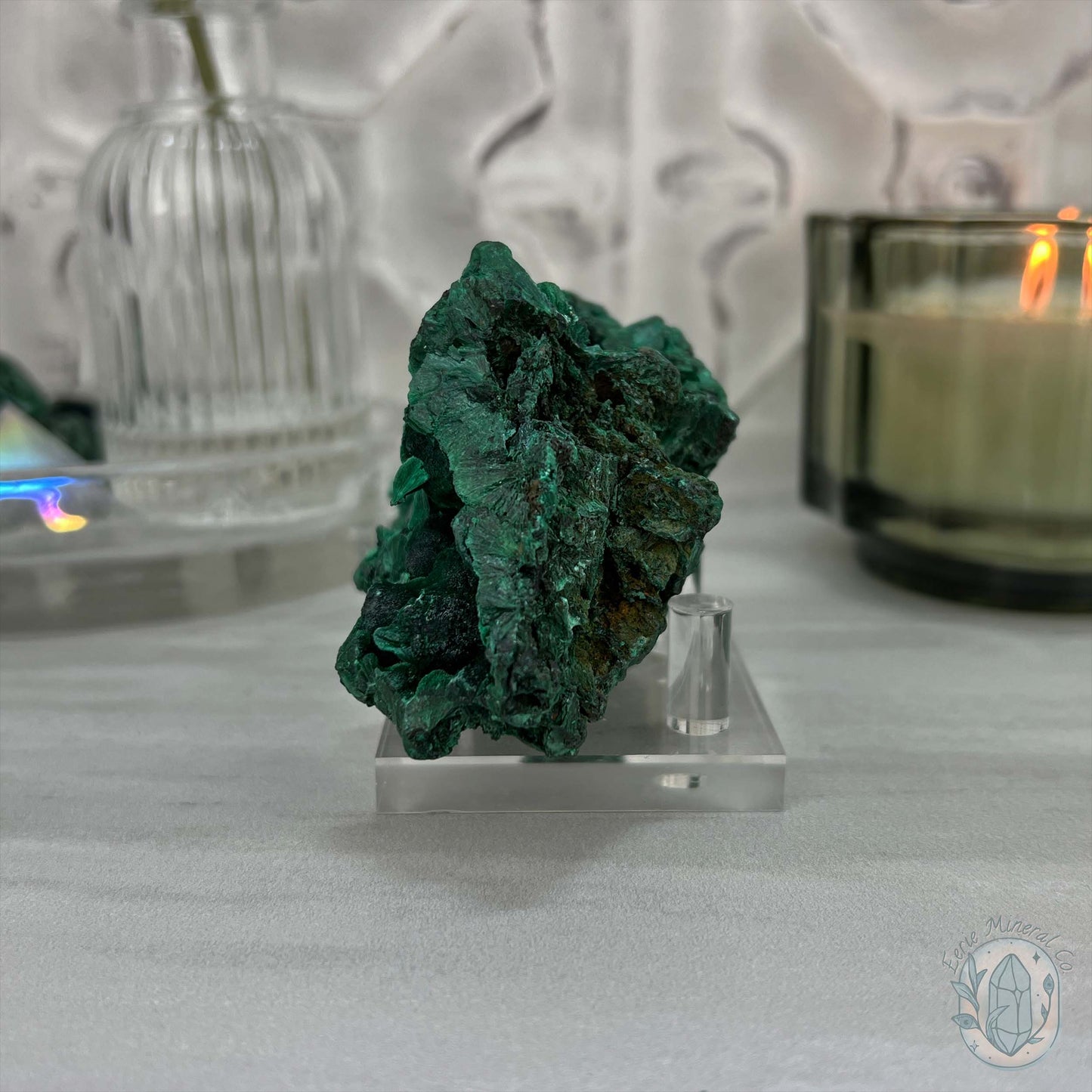 Fibrous Malachite Specimen with Display Stand