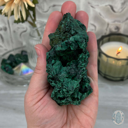 Fibrous Malachite Specimen with Display Stand