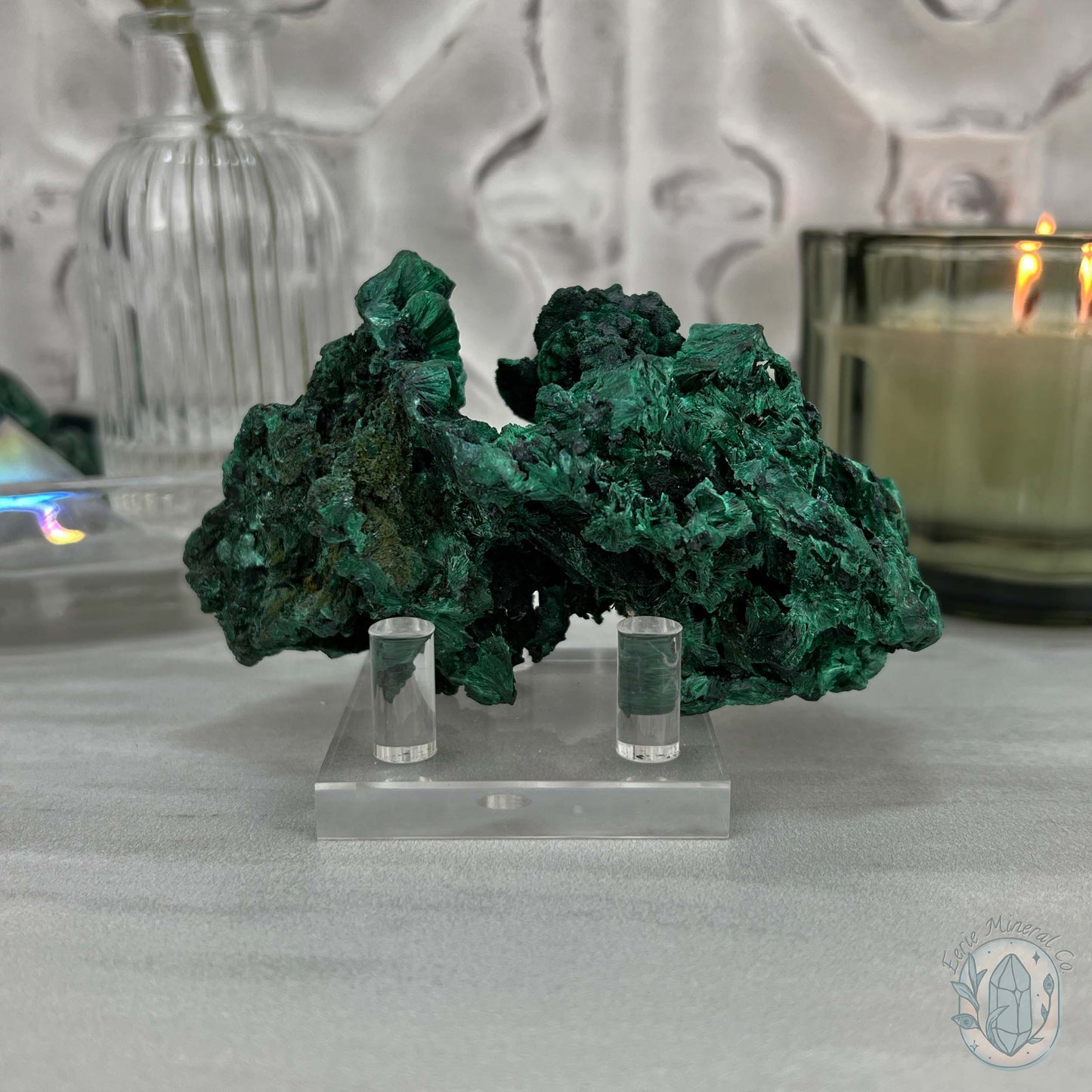 Fibrous Malachite Specimen with Display Stand