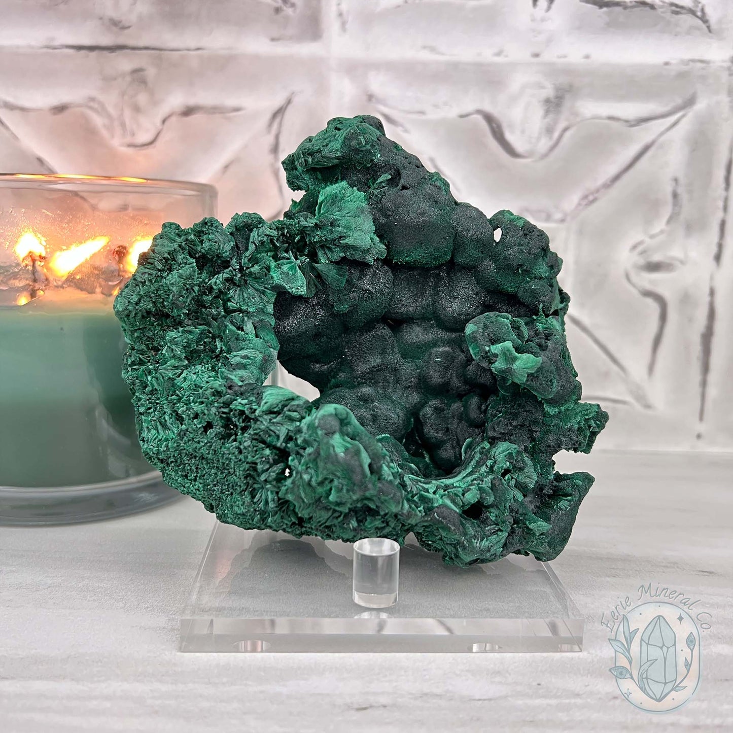 Silky Velvet Fibrous Malachite Specimen with Display Stand
