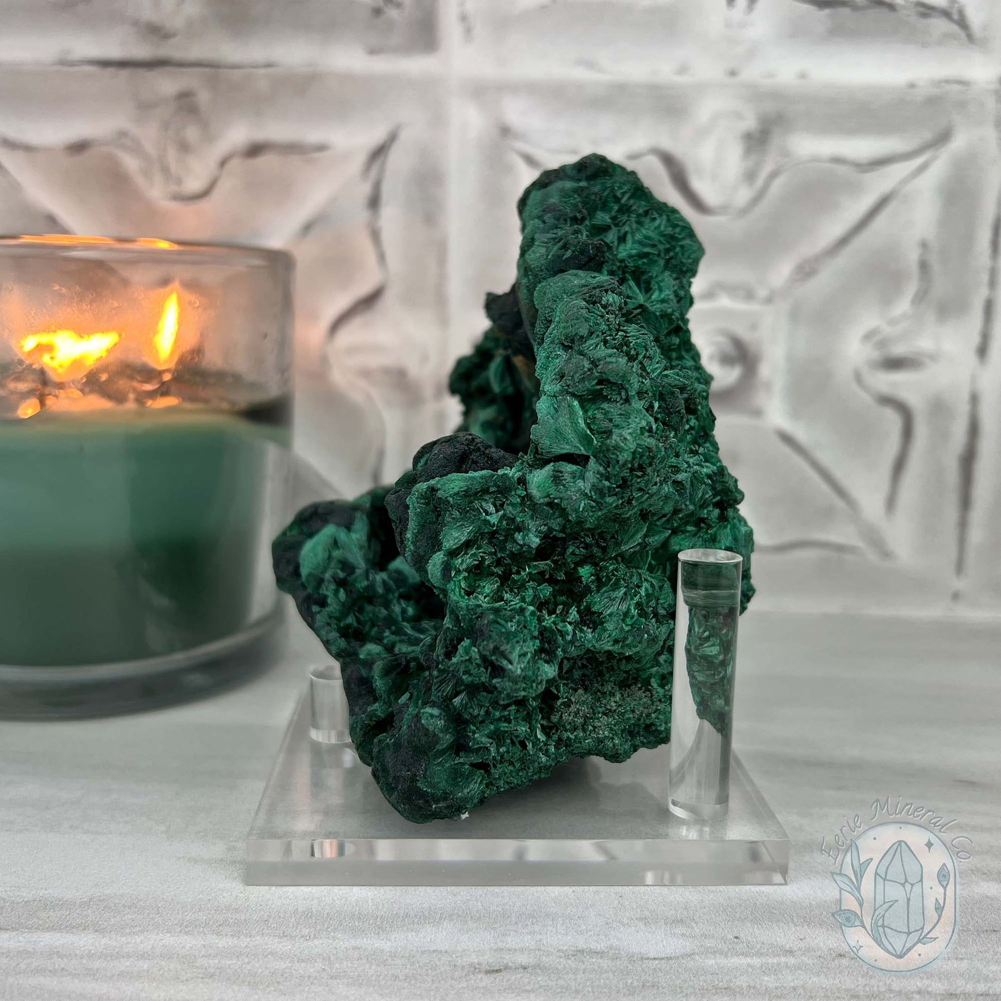 Silky Velvet Fibrous Malachite Specimen with Display Stand